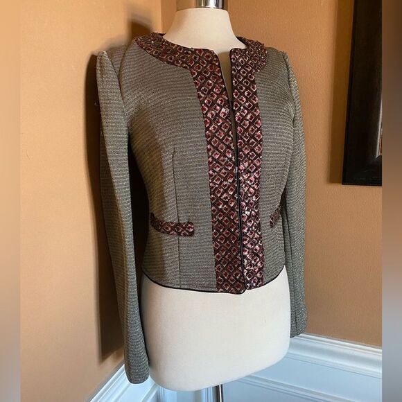 Anthropologie BEATRICE B. Gray Metallic Sequin Border Jacket M - Picture 8 of 15